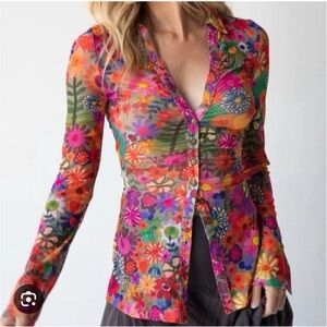 Natural Life Carina Mesh Floral Button Down Top Sheer Stretch Size M
